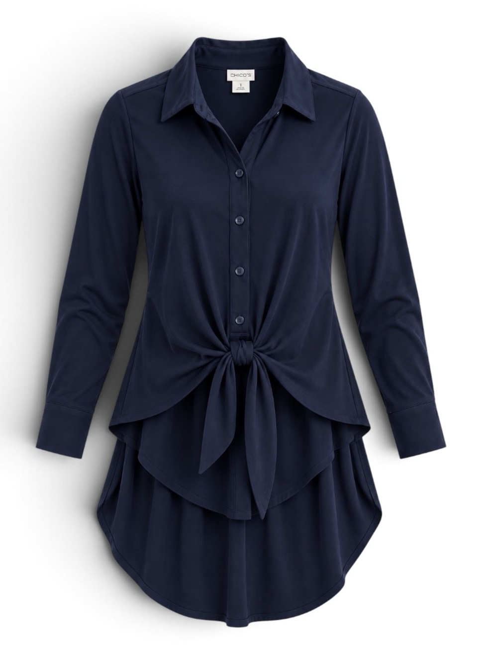 Chico’s Easy Chic Tie Front Top Tunic Blouse Navy Long Sleeve Size 1 (US 8/10)